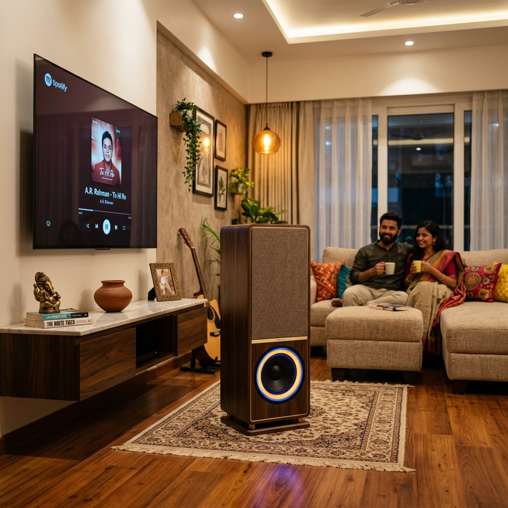 TND BassKing Speaker Tower in living room